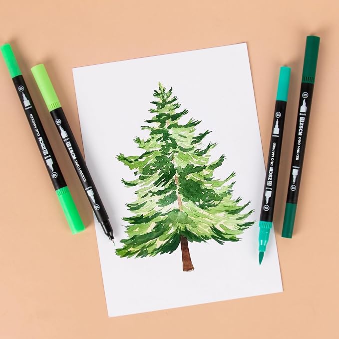 ZSCM Green Duo Tip Marker Pens, 12 Pack Fine & Brush Markers - Image 4
