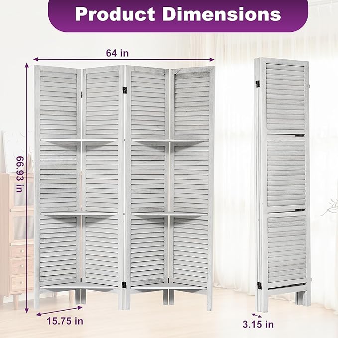 Room Divider with Shelves, 5.6FT Folding Room Divider Panel, 4 Panel Wood Partition Wall Divider for Room Separation, White-DeskLoop Office