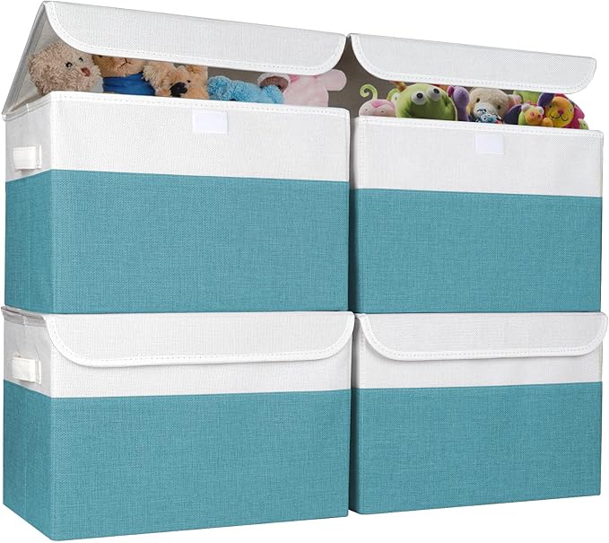Large 22 Quart Linen Fabric Foldable Storage Bin Cube Organizer Basket with Flip-Top Lid & Handles, Clothes Blanket Box for Home, Office, Closet, Teal & White, 4 Pack 14.6 x 9.5 x 9.5-DeskLoop Office