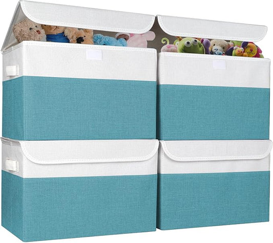 Large 22 Quart Linen Fabric Foldable Storage Bin Cube Organizer Basket with Flip-Top Lid & Handles, Clothes Blanket Box for Home, Office, Closet, Teal & White, 4 Pack 14.6 x 9.5 x 9.5-DeskLoop Office