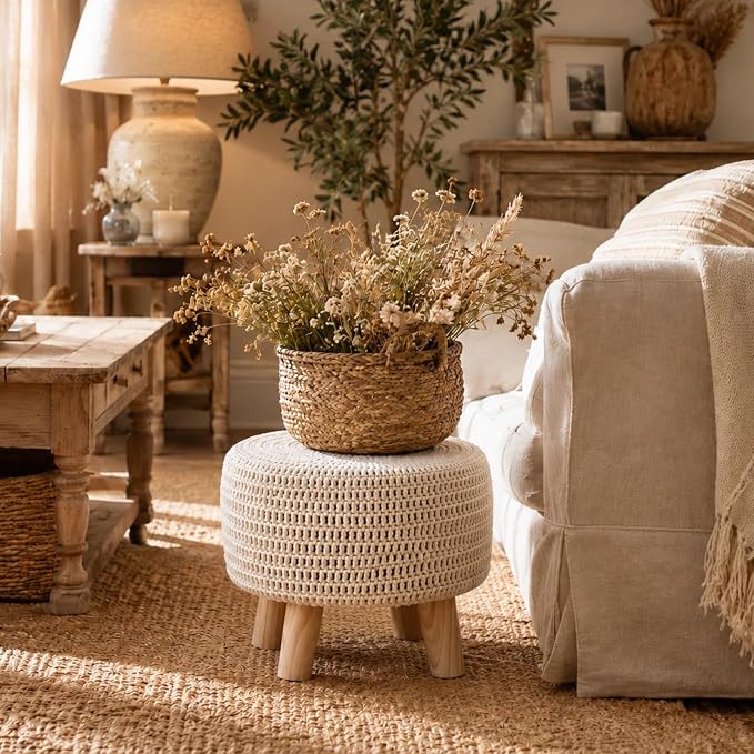 Wimarsbon Pouf Ottoman, 100% Cotton Knitted Boho Footstool, Round Footrest - Image 4