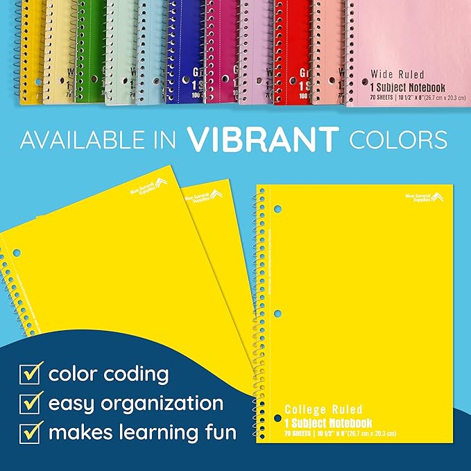 Blue Summit Yellow Spiral Notebooks Bulk, One Subject Spiral Notebook College Ruled, Perforated Notebook, 8 x 10.5 for Work and School, Paper, College Ruled, Bulk 48 Pack-DeskLoop Office