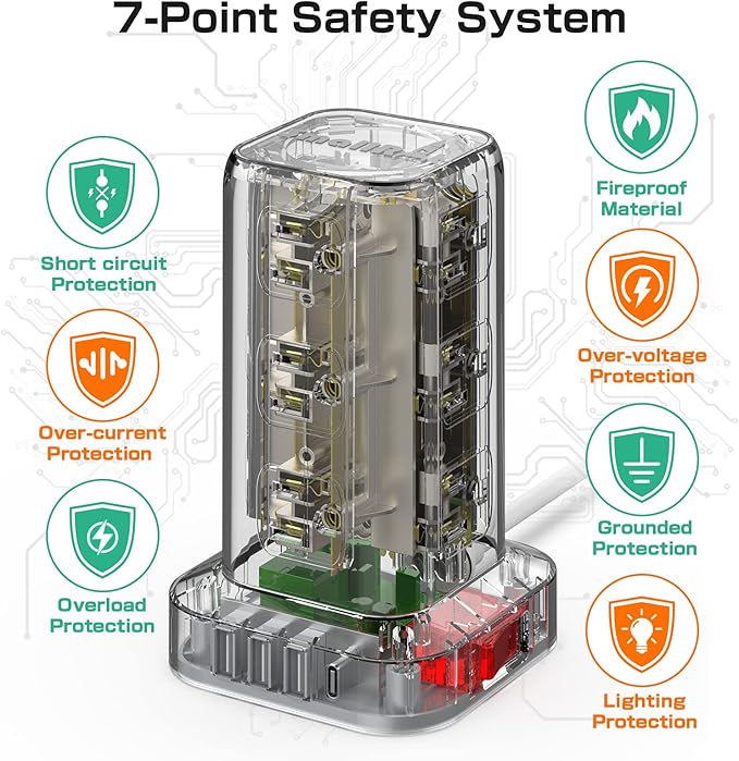 Extension Cord with Multiple Outlets, Surge Protector Power Strip Tower, 12 AC 4 USB，Surge Protector Tower 6.5FT Overload Protection for Home Office-DeskLoop Office