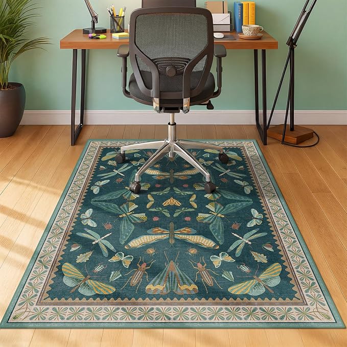 3'x4' Teal Office Chair Mat for Hardwood Floors, Insect Boho Design, Non-Slip by JTJ