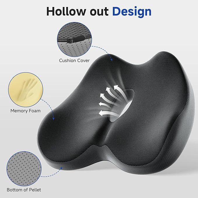 Benazcap Memory Foam Office Chair Cushion, Ergonomic Seat Cushion for Sciatica & Tailbone Pain Relief for Long Sitting for Gaming Chair and Car Seat- Black&Gray-DeskLoop Office