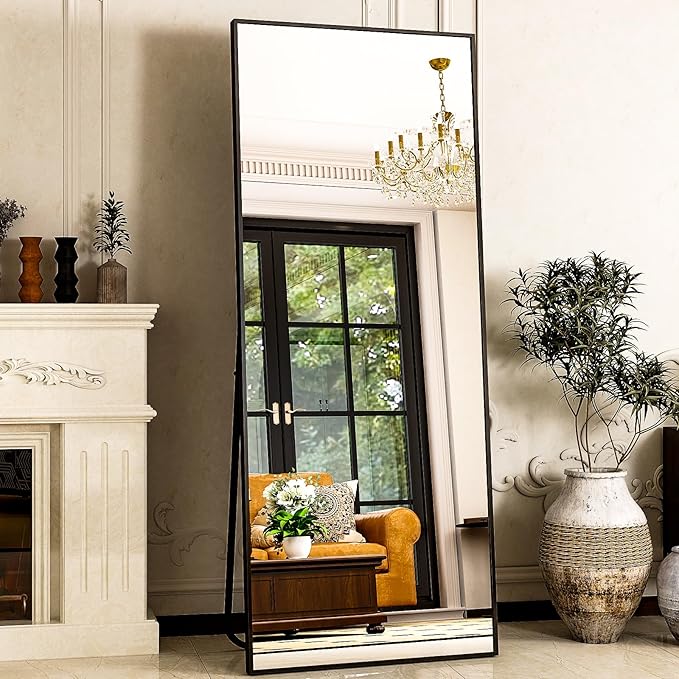 Full Length Mirror 64"x21" Black, Rectangle Wall-Mounted or Standing Full Body Mirror for Bedroom, Living Room, Dressing Floor Mirror-DeskLoop Office