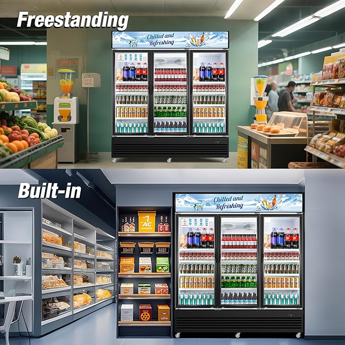 Commercial Beverage Refrigerator, 75" W 60 Cu. Ft. Commercial Drink Fridge, Display Refrigerator with 3 Glass Door, Commercial Display Fridge with 12 Adjustable Shelves, for Shop, Restaurant, Bar-DeskLoop Office