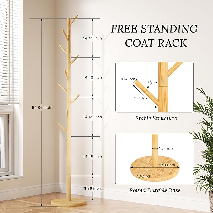 Wooden Coat Rack Freestanding with Round Base, Adjustable 4 Heights Sturdy Coat Hanger Stand 9 Hooks for Hanging Bags, Hats, Save Space Coat Tree for Narrow Place, Entryway, Bedroom, Office (Natural)-DeskLoop Office