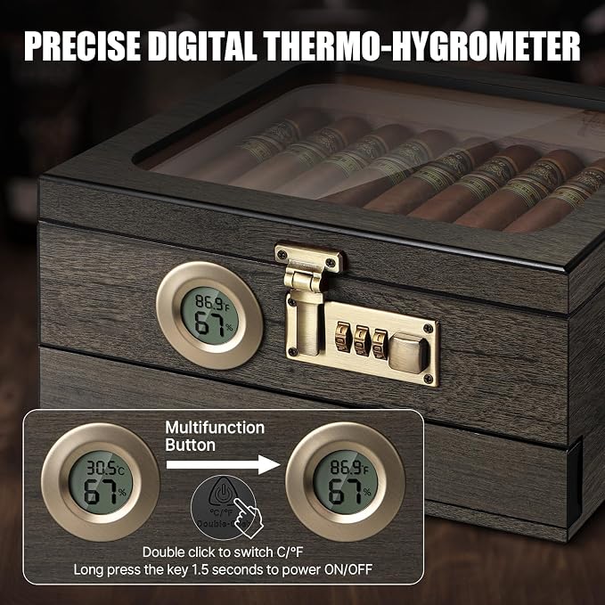 Tesonway Cigar Humidor, Cedar Wood Humidor Cigar Box, Glass Top Desktop Humidor - Image 4