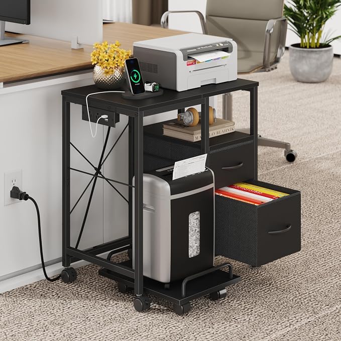 YAOHUOO Printer Stand with Power Outlet/Fabric Drawers, Printer Cabinet with - Image 5