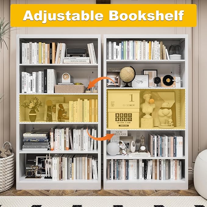 5 Tier Bookshelf, Metal White Book Shelf with Backboard, Adjustable 55" Tall Bookcase, Modern Book Shelves for Living Room, Office, Bedroom, School-DeskLoop Office