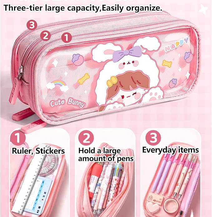 UINSUE Cute Pen case Adorable Bunny Transparent 3-Layer Large Capacity Pencil - Image 2