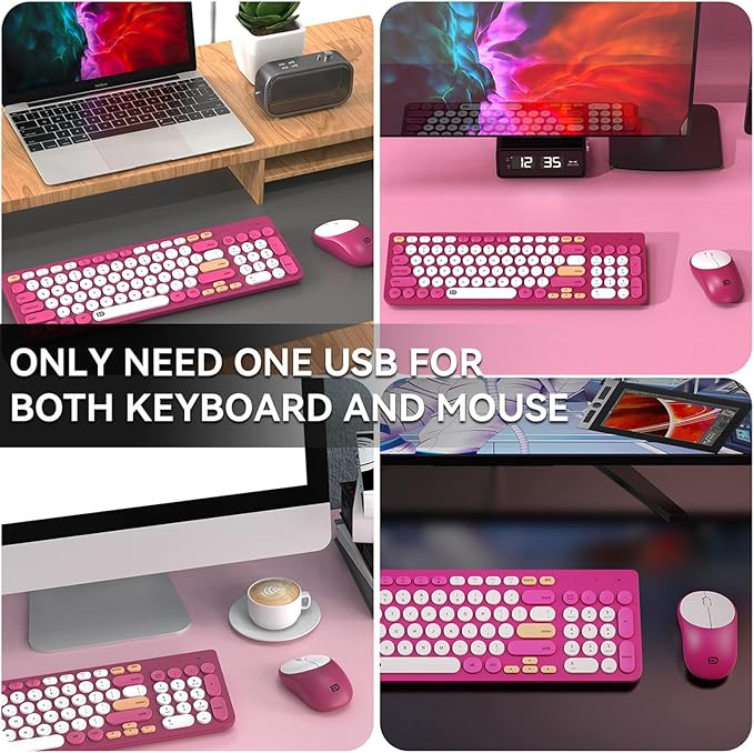 FD Wireless Keyboards and Mouse Combo - 2.4GHz USB Cordless, Cute Wireless Keyboard Round Keys, Quiet and Slim Set for Laptop, Computer, TV and Mac - Strawberry White Colorful-DeskLoop Office