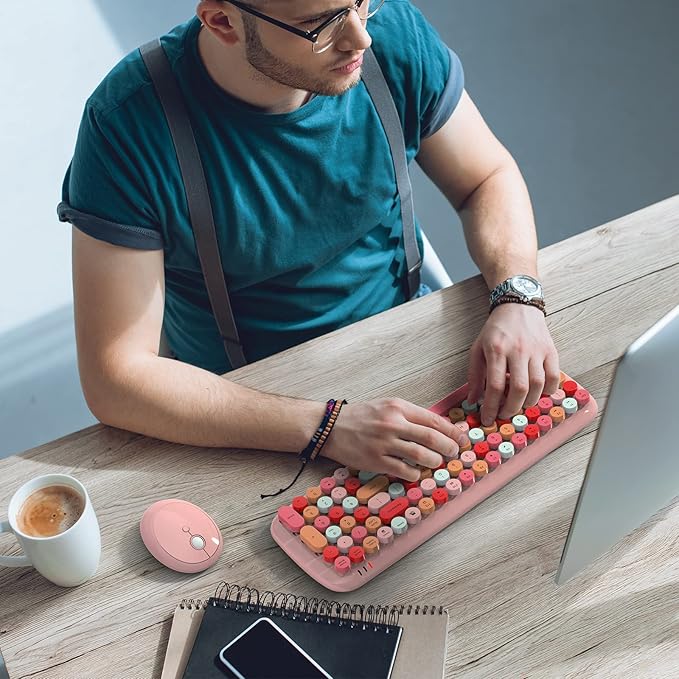 MOFII Wireless Keyboard and Mouse Combo, 2.4GHz Retro Typewriter Keyboard and Cute Mouse for Computer PC Desktops Laptop Windows(Pink Mix)-DeskLoop Office