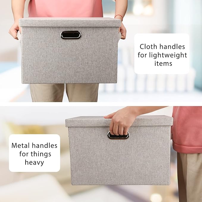 Large 17" 36 Quart Collapsible Stackable Storage Bins with Lids, 5 Packs Beige Linen Fabric Closet Boxes with Lids, Storage Cube Baskets Container Organizers for Bedroom Office(17 x12 x11)-DeskLoop Office