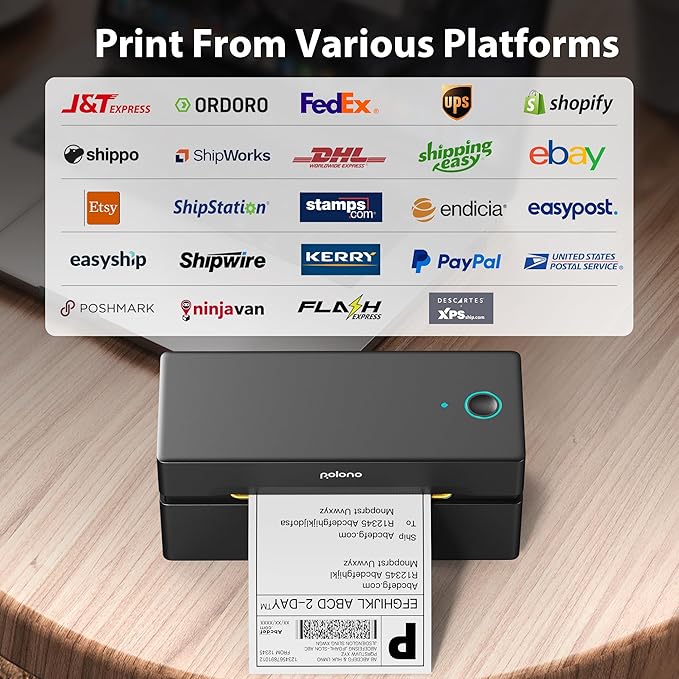 POLONO Bluetooth Thermal Shipping Label Printer, Wireless 4x6 Shipping Label Printer for Small Business, Support iOS, Android, Windows and Mac, Compatible with Amazon, Ebay, Shopify, Etsy, USPS(Brown)-DeskLoop Office