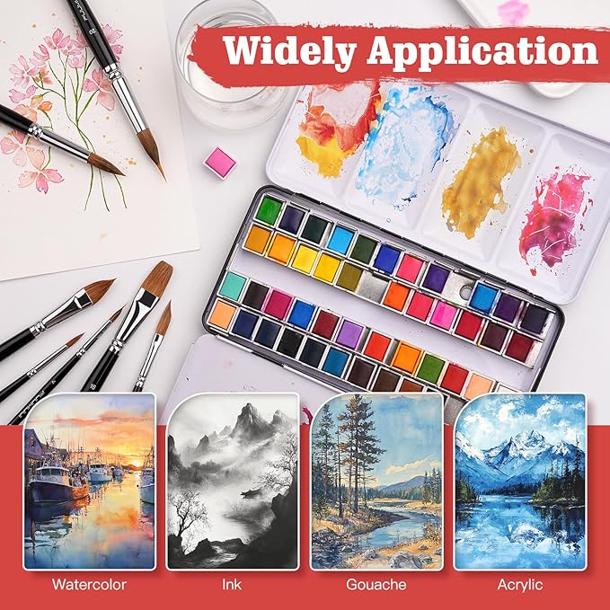 Sable Watercolor Brushes, Fuumuui 7pcs Professional Artist Paint Brushes Set with Extended Needle, Round Point, Flat, Dagger, Cat's Tongue for Watercolor, Acrylic, Gouache – Detail & Wash Painting-DeskLoop Office