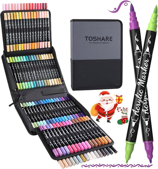 TOSHARE 100 Colors Acrylic Paint Markers, Brush & Fine Dual Tip Acrylic Paint by TOSHARE