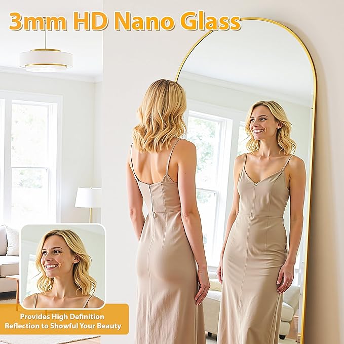Full Length Mirror, 58"x21" Oversized Floor Mirror Freestanding, Full Body Mirror Floor Standing Mirrors with Stand, Hanging Mounted Mirrors for Bedroom Living Room, Gold, Arched Style-DeskLoop Office