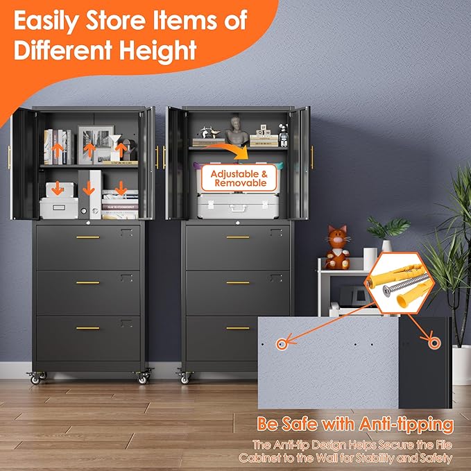 Aobabo Metal 3 Drawers Lateral File Storage Cabinet and Unit Adjustable Shelf Organizer, Steel Files Cabinet with Wheels, 2 Door Storage for Office Legal/Letter A4 Size, Assembly Required, Black-DeskLoop Office
