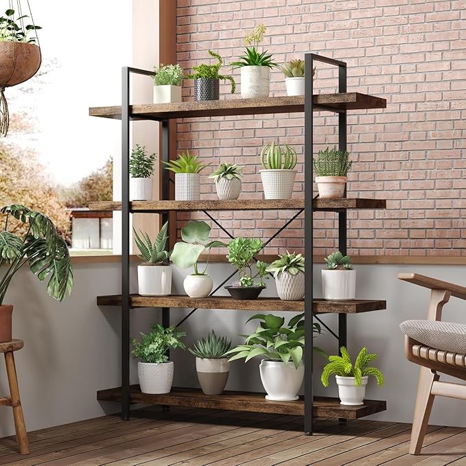 Heavy Duty 4-Tier Industrial Bookcase, 47" Wide Wood Bookshelf for Home Office, 120lbs Shelf Capacity, Rustic Open Shelving Display with Reinforced Horizontal Shelf for Living Room Bedroom-DeskLoop Office