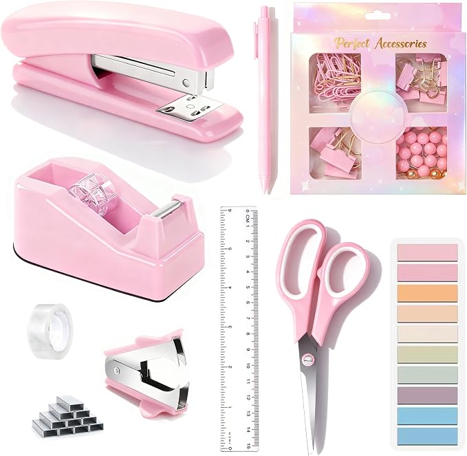 Pink Desk Accessories, Staple Remover, 1000 Staples, Clips Set by Dimonluce