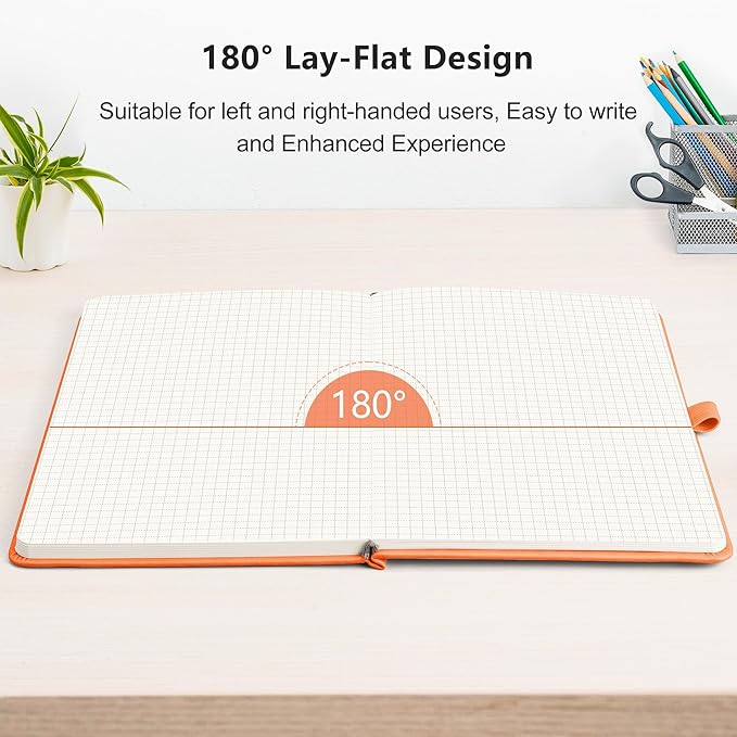 RETTACY Graph Grid Paper Notebook, 192 Pages, A5 Medium Size (5.7'' x 8.3''), 5 Squares per Inch, Leather Hardcover, 100 GSM Thick Paper, for School, Students, Math, Engineering (Orange)-DeskLoop Office