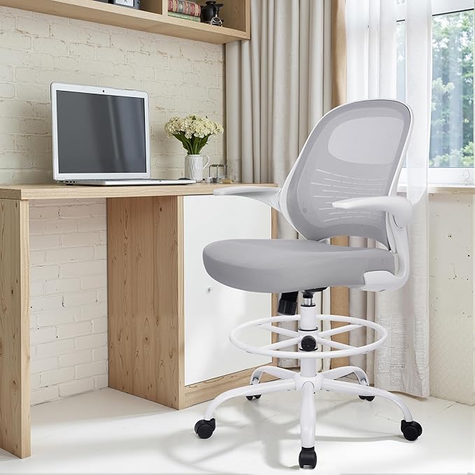 HYLONE Tall Drafting Chair Standing Desk Chair with Flip-Up Armrests, Adjustable Height Ergonomic Office Chair with Footrest Ring - High Stool Chair for Standing Desk (Light Grey)-DeskLoop Office