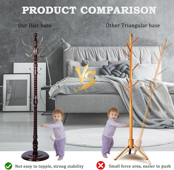 Coat Racks FreeStanding with 14 Hooks, Natural Wood Coat Rack with Solid Round Base, Adjustable Height Coat Racks, Easy Assembly for Hallway, Bedroom and Office (Reddish Brown-Metal Hook)-DeskLoop Office