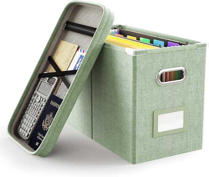 Oterri File Organizer Box with Lid, Hanging Filing File Box with Mesh Pocket, Document Organizer Box for Letter Files, Portable Storage Box(1 PCS, Green)-DeskLoop Office