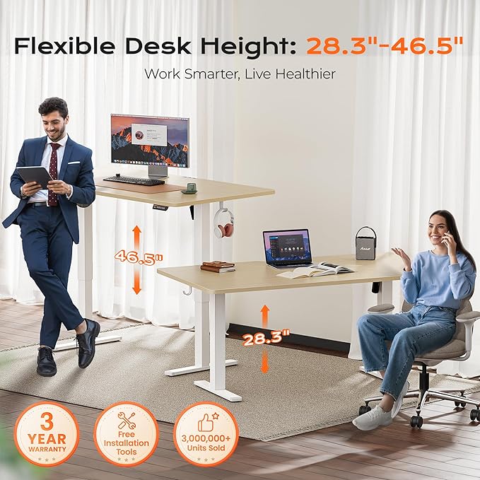 Huuger 63 x 28 Large Electric Standing Desk, Height Adjustable Computer Desk, 27.6" Deep Desktop, Stand up Gaming Office Table with 2 Hooks, 3 Preset Heights, for Home Office, Oak-DeskLoop Office