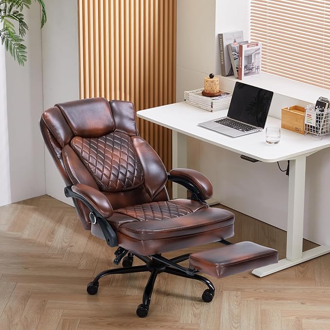 Ergonomic Office Chair with Foot Rest, Executive Chair with Footrest PU Leather Computer Chair, Big and Tall Chair Reclining Desk Chair, Thick Padded Coil Spring Seat, 400 lbs Capacity (Brown)-DeskLoop Office