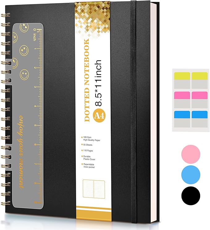 Dotted Notebook, Spiral Notebook Journal 8.5” x 11”, A4 Large Dot Grid Notebooks for Women Men, 100 GSM Dotted Paper, Plastic Hardcover Spiral Bullet Journals for Work School Sketching, Black-DeskLoop Office