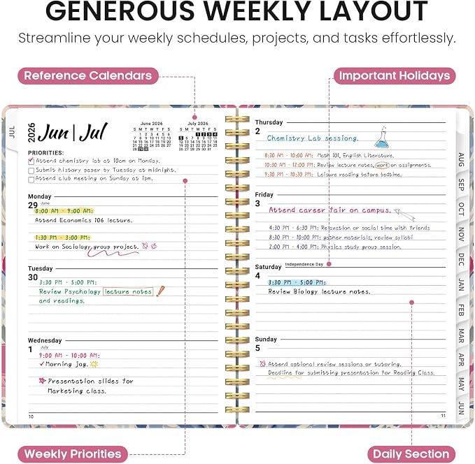 Planner 2026–2027, Academic Monthly Weekly Spiral Calendar, July 2026 – June - Image 3