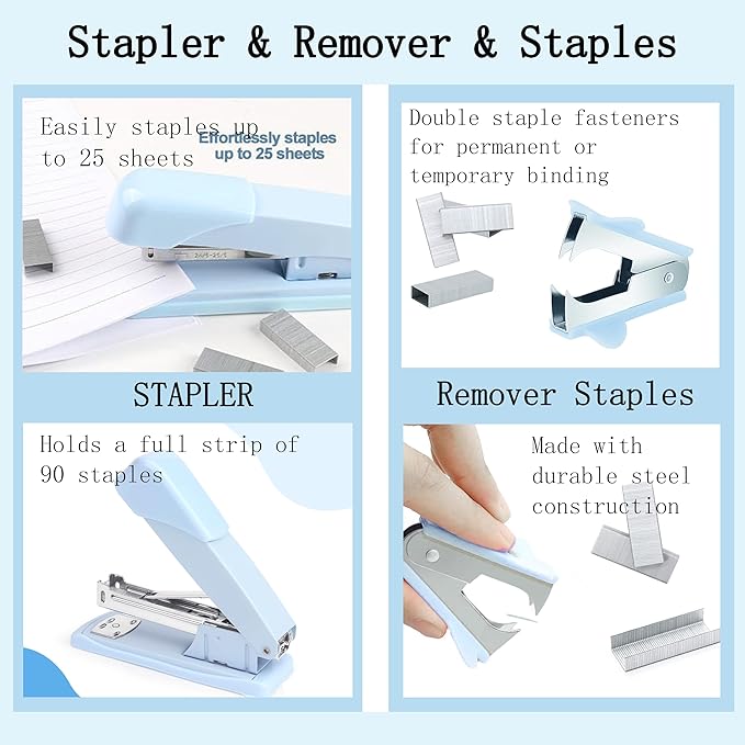 Dimonluce Blue Desk Accessories, Staple Remover, 1000 Staples, Clips Set - Image 2