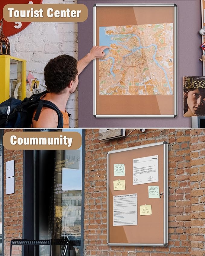 38"x28" Enclosed Bulletin Board, Lockable Weather-Resistant Aluminum Cork Noticeboard for School & Office, Silver Frame w/Cork-DeskLoop Office