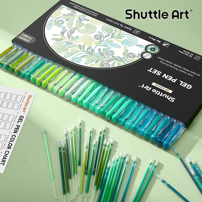 Shuttle Art 60 Pack Green Tone Gel Pens, 30 Green Tone Gel Pens with 30 Refills for Adults Coloring Books Journaling Drawing Nature, Landscapes, Animals Scenes-DeskLoop Office