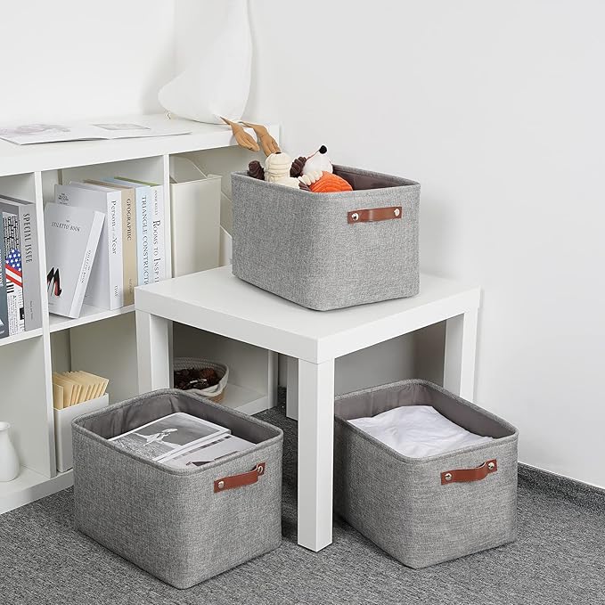 DULLEMELO Medium Storage Baskets for Organizing, Rectangular Fabric Storage Bins Collapsible, Perfect for Shelves, Closets, Nursery, Home, Office, Empty Gift Baskets (3-Pack,Grey)-DeskLoop Office