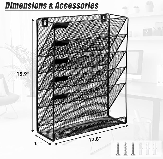 EASEPRES 6 Tier Mesh Hanging Wall File Organizer, Desk Mail Paper Document Folder Holder, Clipboard Storage Organization Magazine Rack with Bottom Tray and Nametag Label for Office Home School, Black-DeskLoop Office