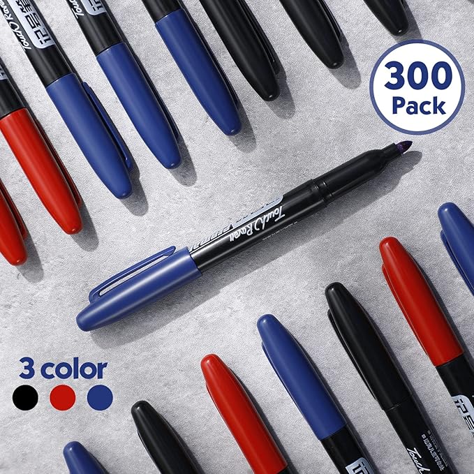Thenshop 300 Pack Permanent Markers Bulk First Day of School Back to School Supplies Fine Point Waterproof Marker Works on Plastic, Wood, Stone, Metal, Glass for Office Classroom(Black, Red, Blue)-DeskLoop Office