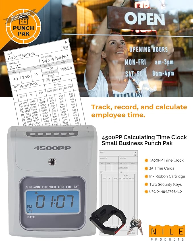 Nile Products - 4500PP Electronic Calculating Time Clock, Employees in/Out Time Tracker, Small Business Punch Pack Bundle Includes: 25 Time Cards,1 Ink Ribbon and 2 Security Keys-DeskLoop Office