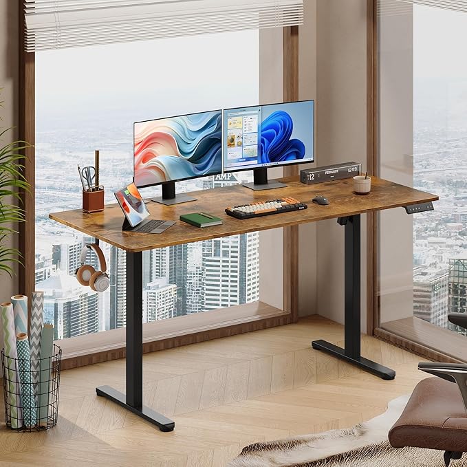 DEVAISE 63 Inch Electric Standing Desk, 3 Adjustable Height Stand up Desk for Home Office, Ergonomic Sit to Stand Desk with LED Touchscreen, Hook, 3 Memory Preset Computer Desk (Rustic Brown)-DeskLoop Office