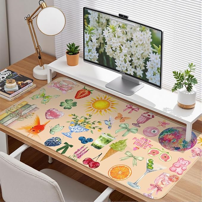 Cute Pink Boho Pastel Desk Mat Colorful Desk Mat - Image 2