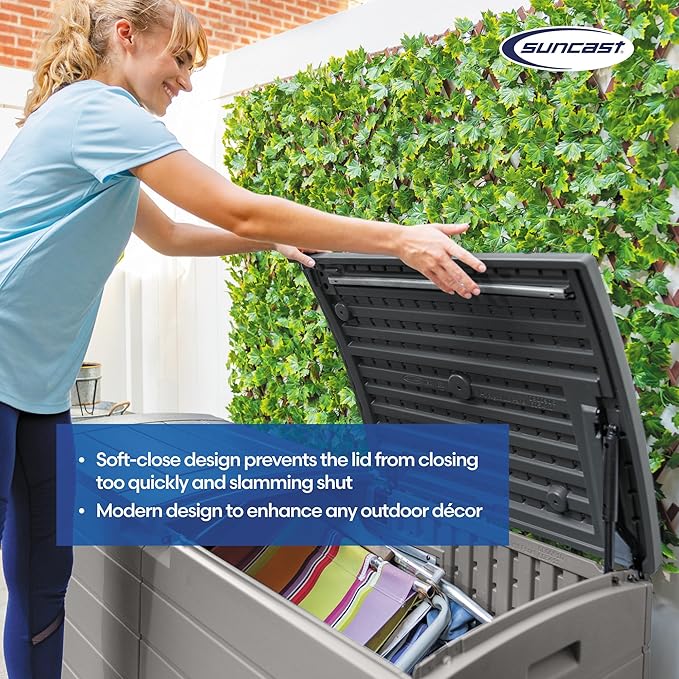 Suncast 120-Gal. All-Weather Patio Deck Box with Pad-Lockable Split Top Lid, Extra-Large Outdoor Storage Unit for Patio Furniture and Grill Tools, Made in the USA-DeskLoop Office