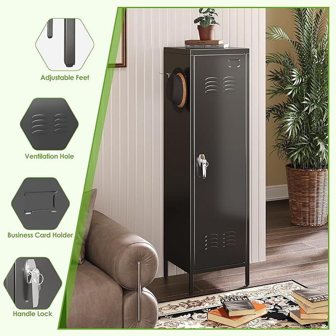 Aobabo Metal Storage Locker with Handle Lock, 54" H Steel Locker with Metal Hooks and Adjustable Shelf for School, Home, Office, Playroom, Assembly Required, Black-DeskLoop Office