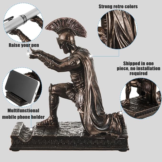 Spakon Knight Pen Holder with 2 Pens Resin Desk Organizers and Accessories Funny Executive Pen Stand Fancy Cool Office Gadgets Cool Desk Decorations for Men Home Supplies (Roman,Bronze)-DeskLoop Office