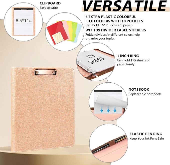 Leather Clipboard with Storage, Zippered Padfolio Portfolio Organizer, 3 Ring - Image 3