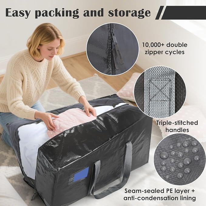 12 Pack Moving Bags with Full-Open Side Zipper, Extra Large 93L Heavy Duty - Image 3