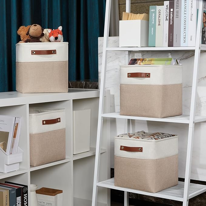 DULLEMELO 11 inch Cube Storage Bins, Large Collapsible Grey Storage Baskets for Square Cubes Organizing, Fabric Boxes Bins for Shelves Nursery Home Office Storage(4 Pack - 11" White&Khaki)-DeskLoop Office