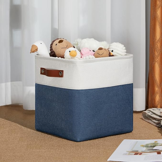 DULLEMELO [Set of 4 Storage Cubes Baskets for Organizing, 11 x 11 x 11 inch Cube Storage Organizer Bins with Leather Handles, Foldable Fabric Cloth Bins for Cube Storage(4 Pack - 11" White&Blue)-DeskLoop Office